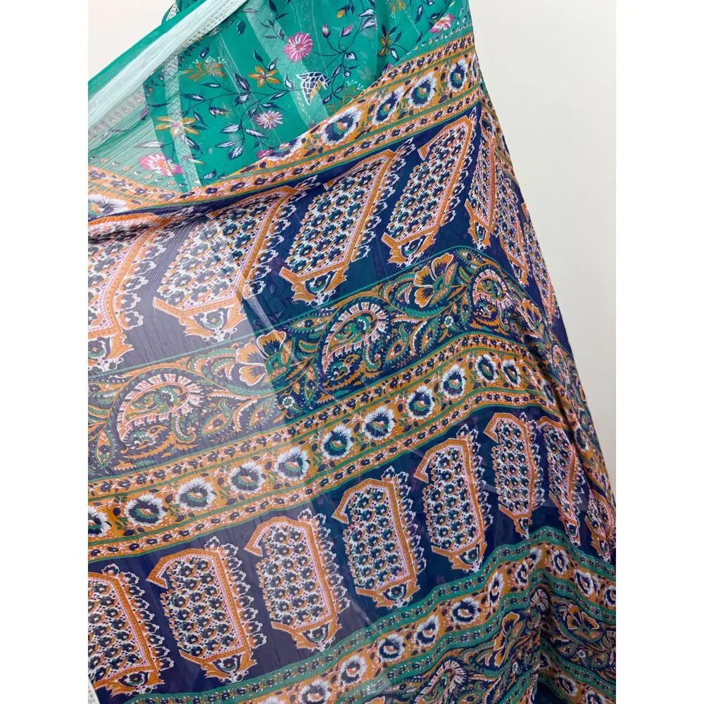 Green Brown Long Scarf Silk Floral Around Neck Rectangle Shaped Regular Fit